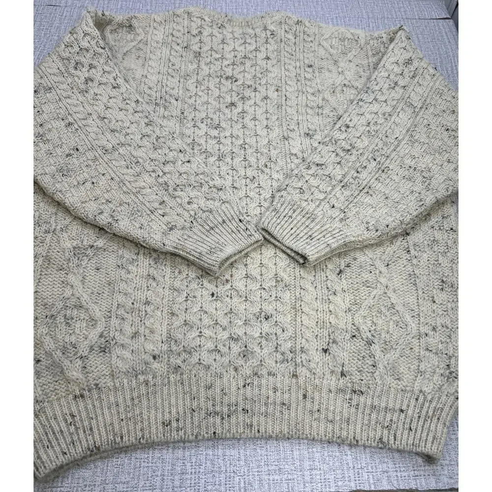 Aran Crafts Sweater Mens XL Beige Merino Wool Cable Knit Fisherman Crew Ireland